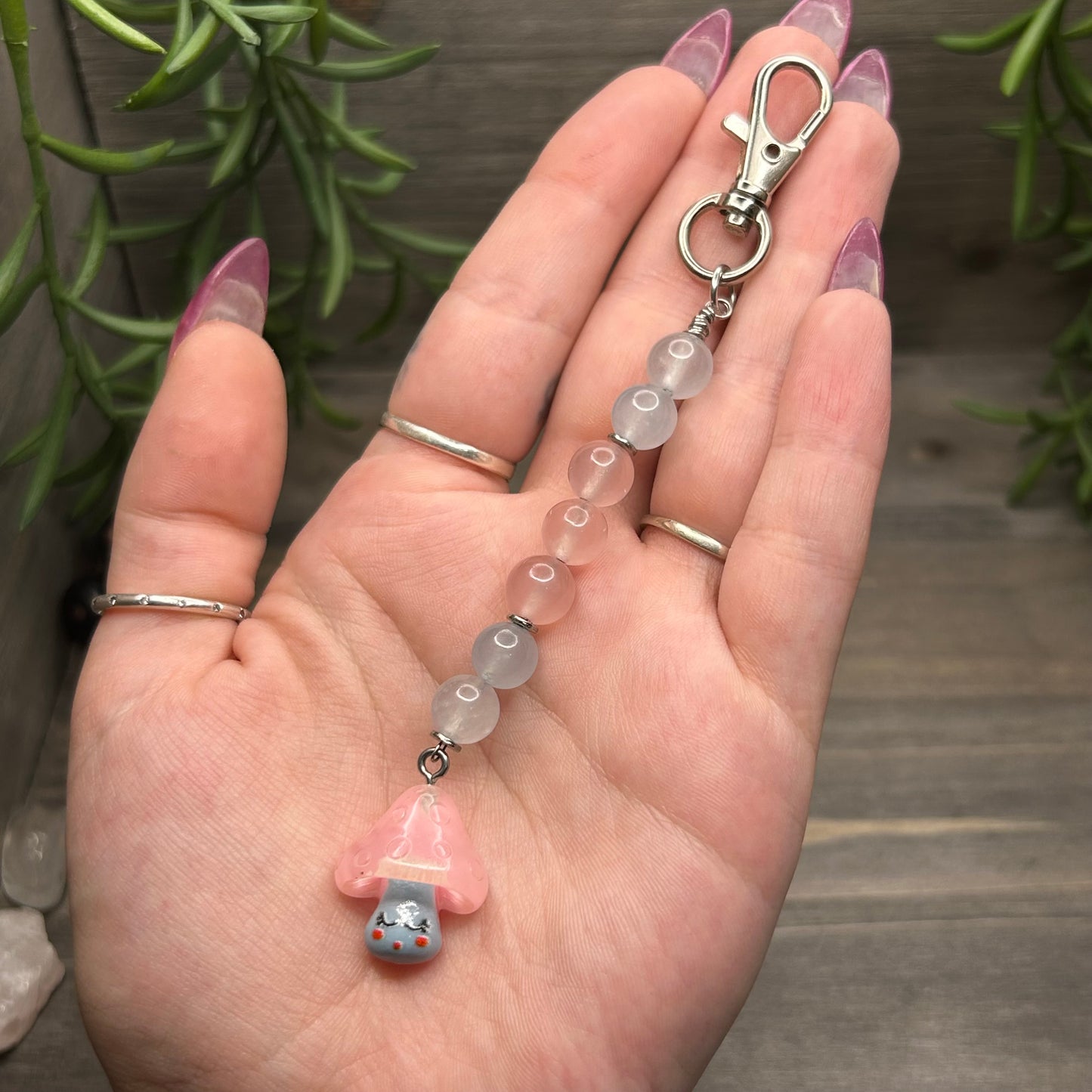morganite mushroom keychain