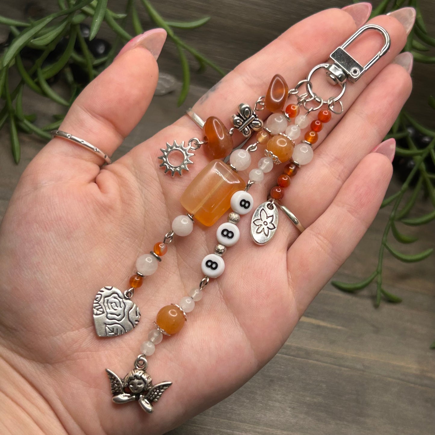 carnelian & clear quartz bag charm