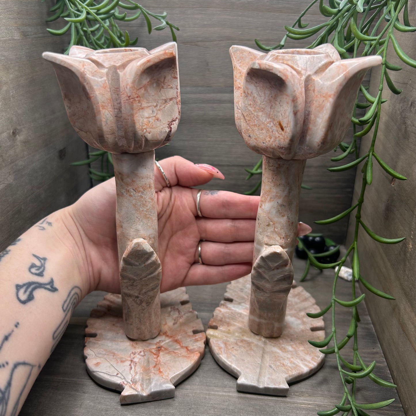 pink agate candle holders