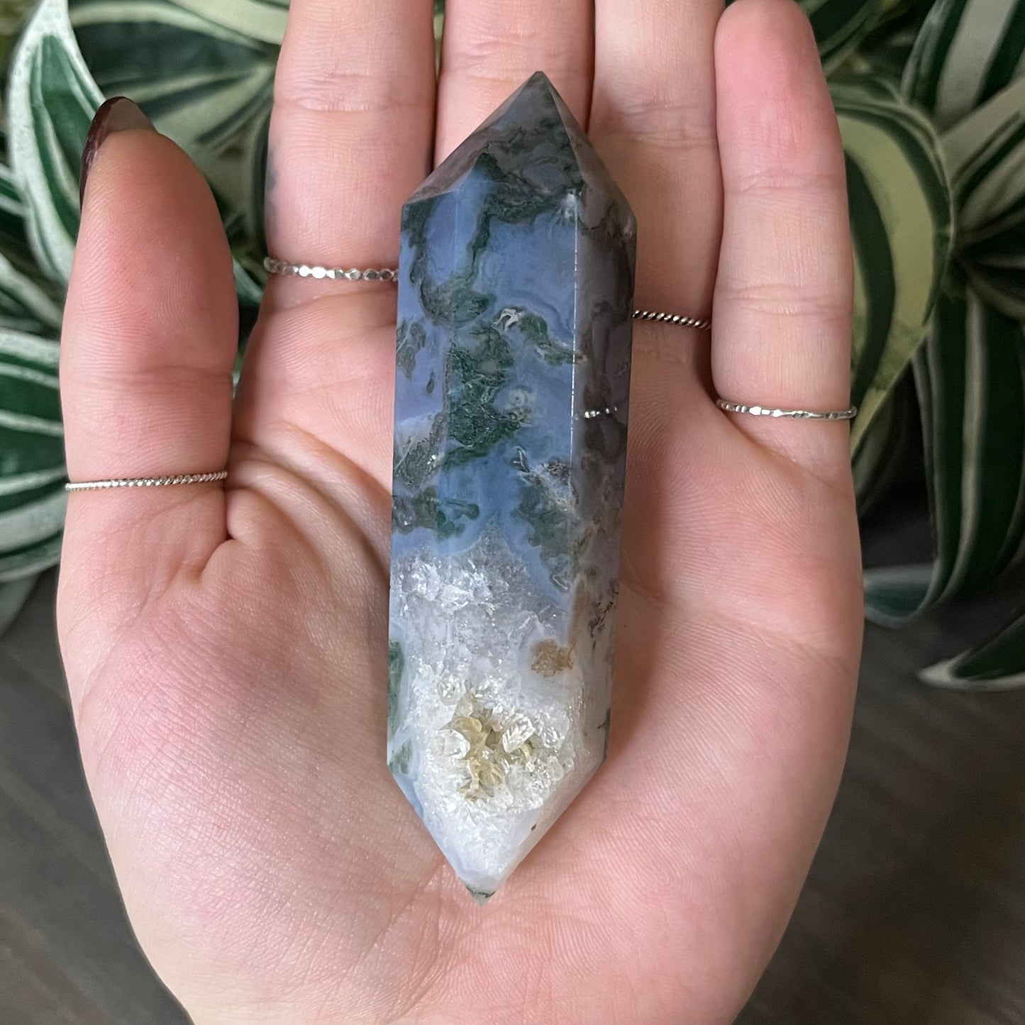 druzy moss agate double point