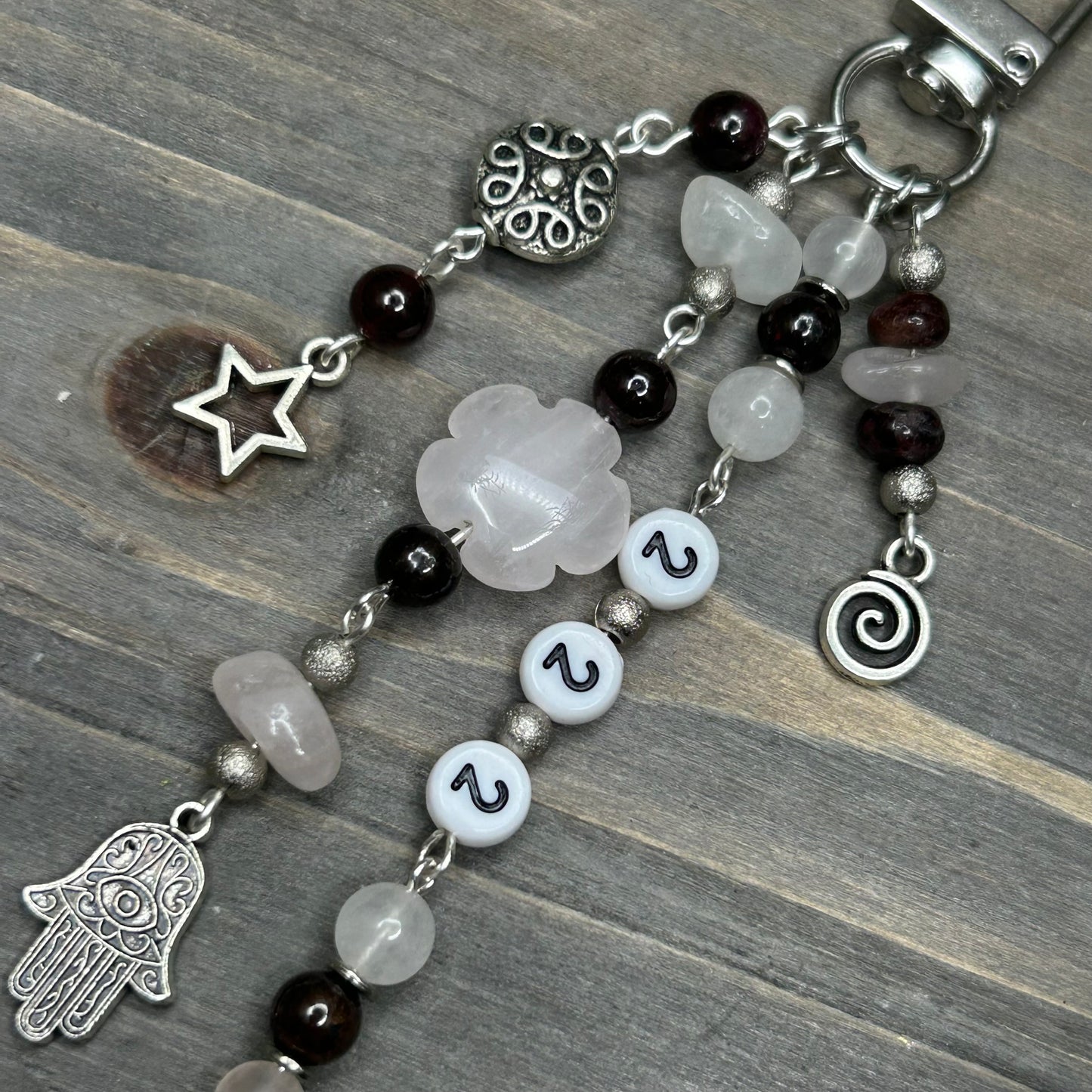 rose quartz & garnet bag charm