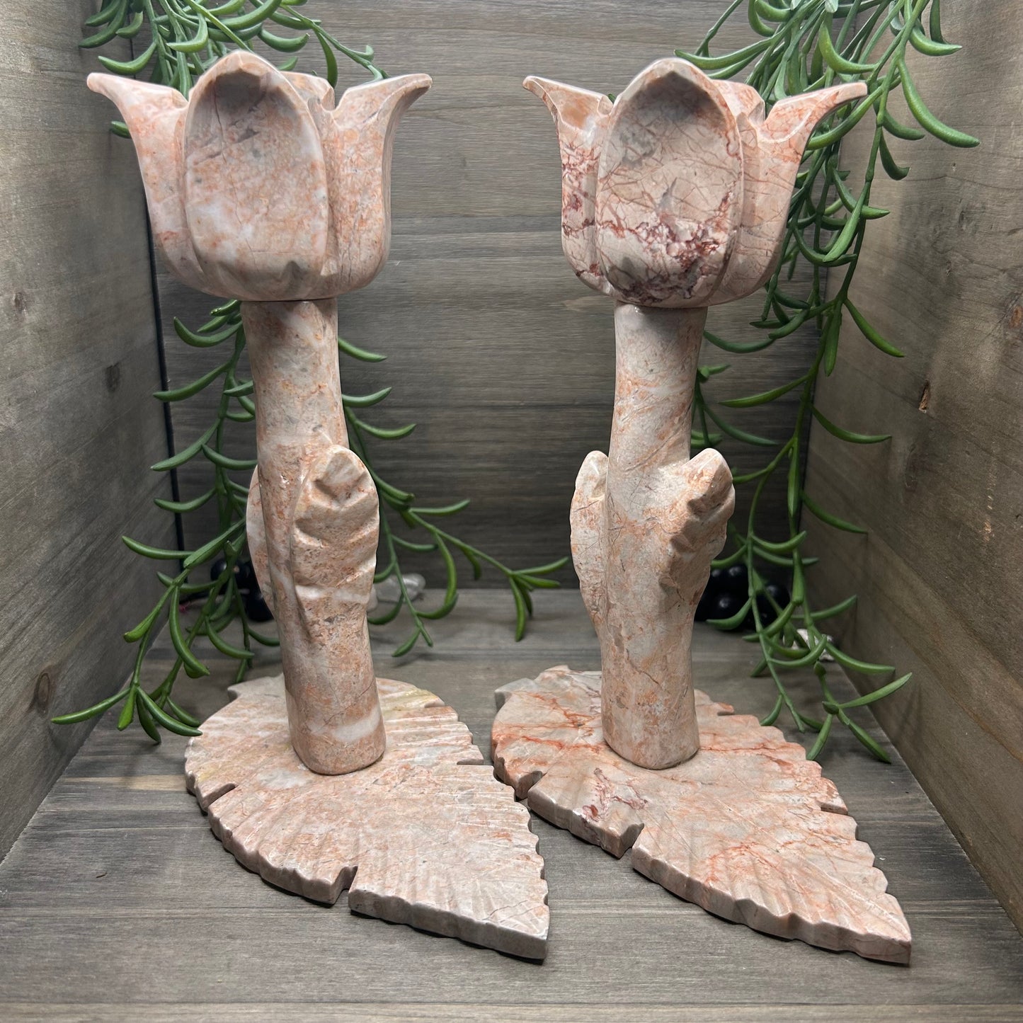 pink agate candle holders