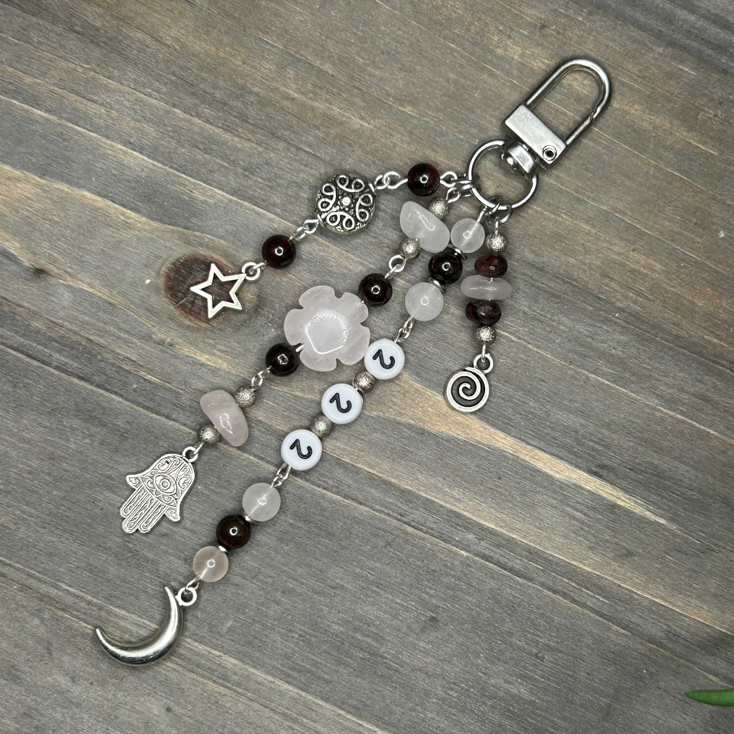 rose quartz & garnet bag charm