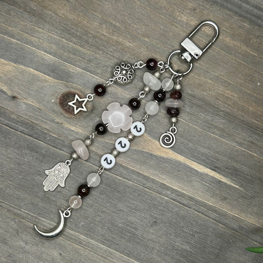rose quartz & garnet bag charm