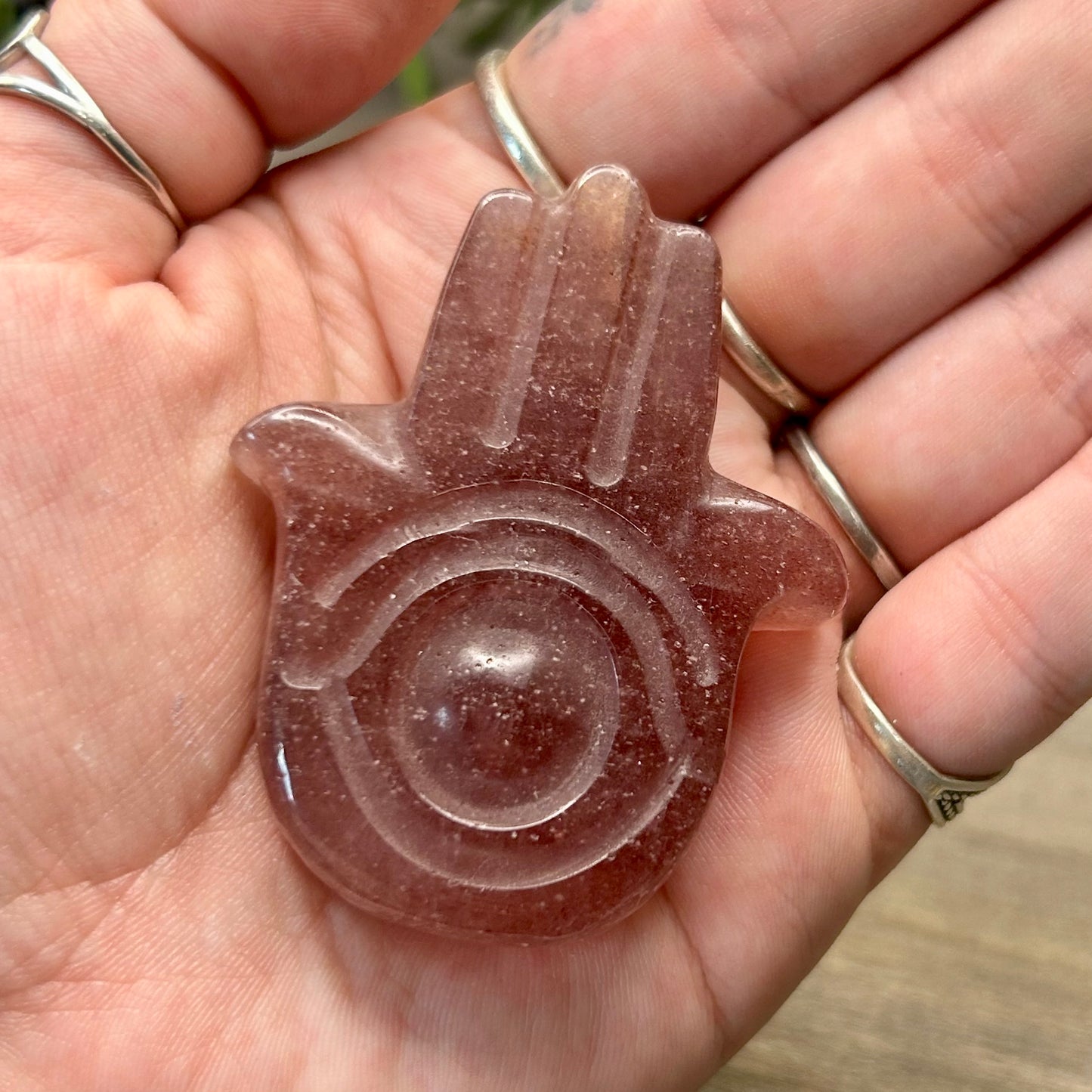 strawberry quartz hamsa hand