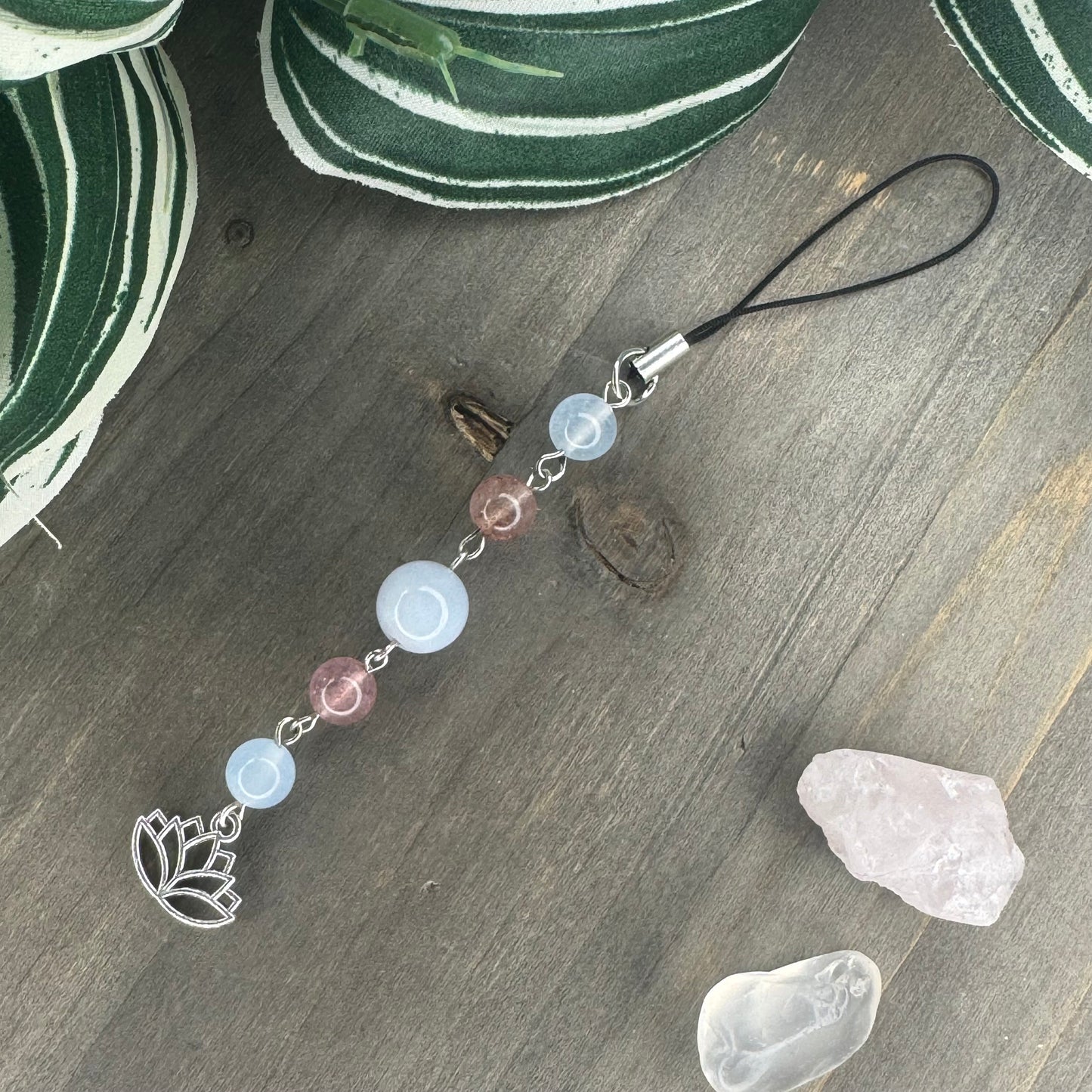 strawberry quartz + chalcedony phone charm