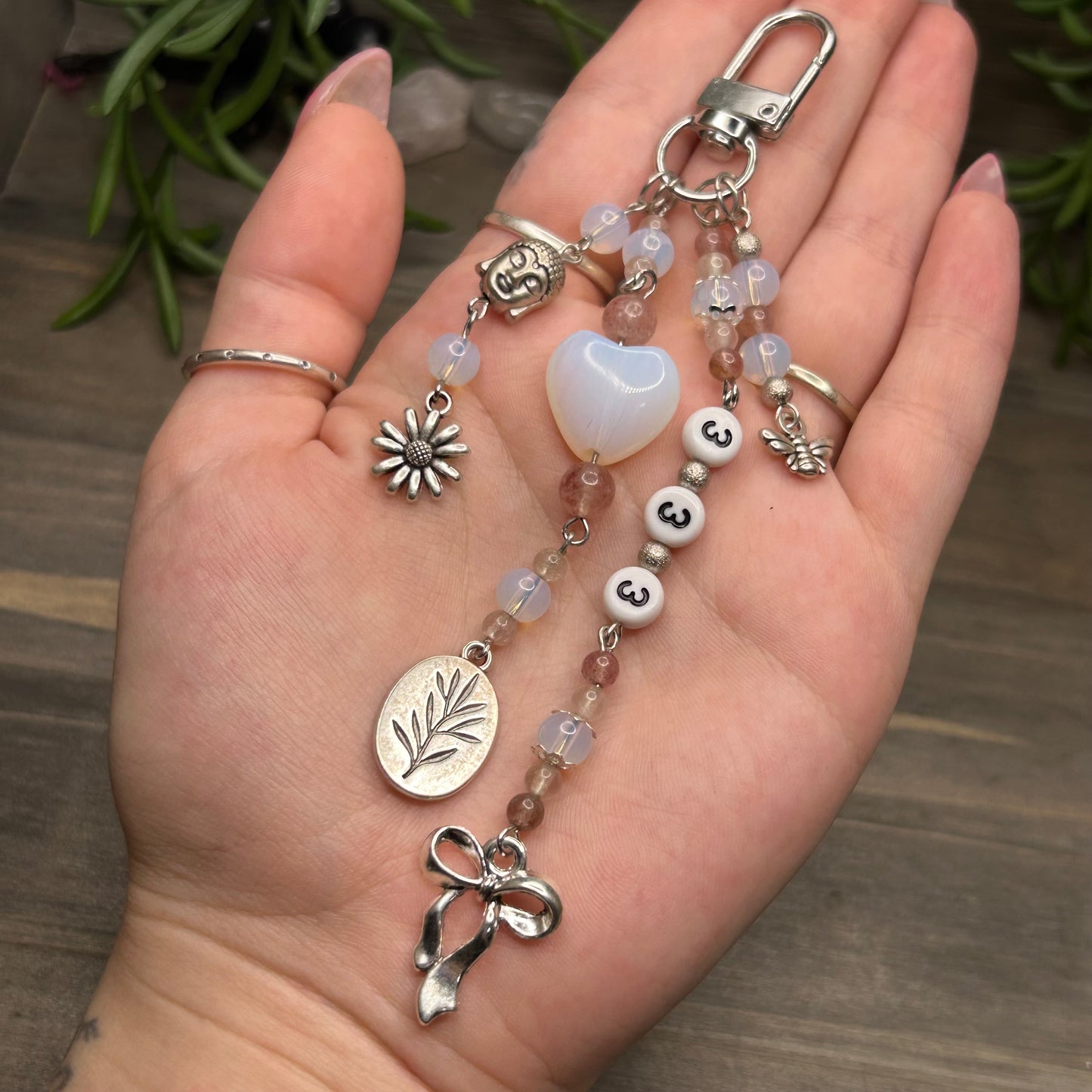 opalite & strawberry quartz bag charm