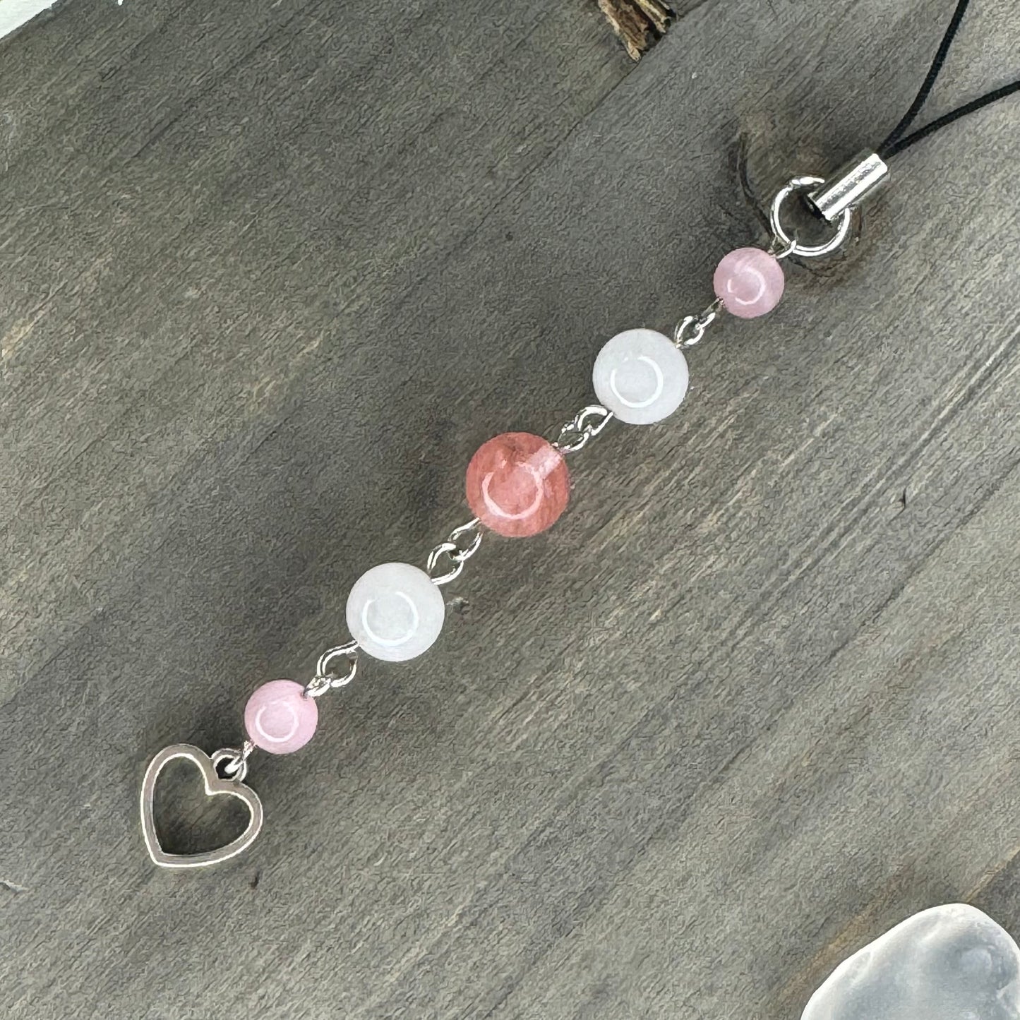 cherry + clear quartz phone charm