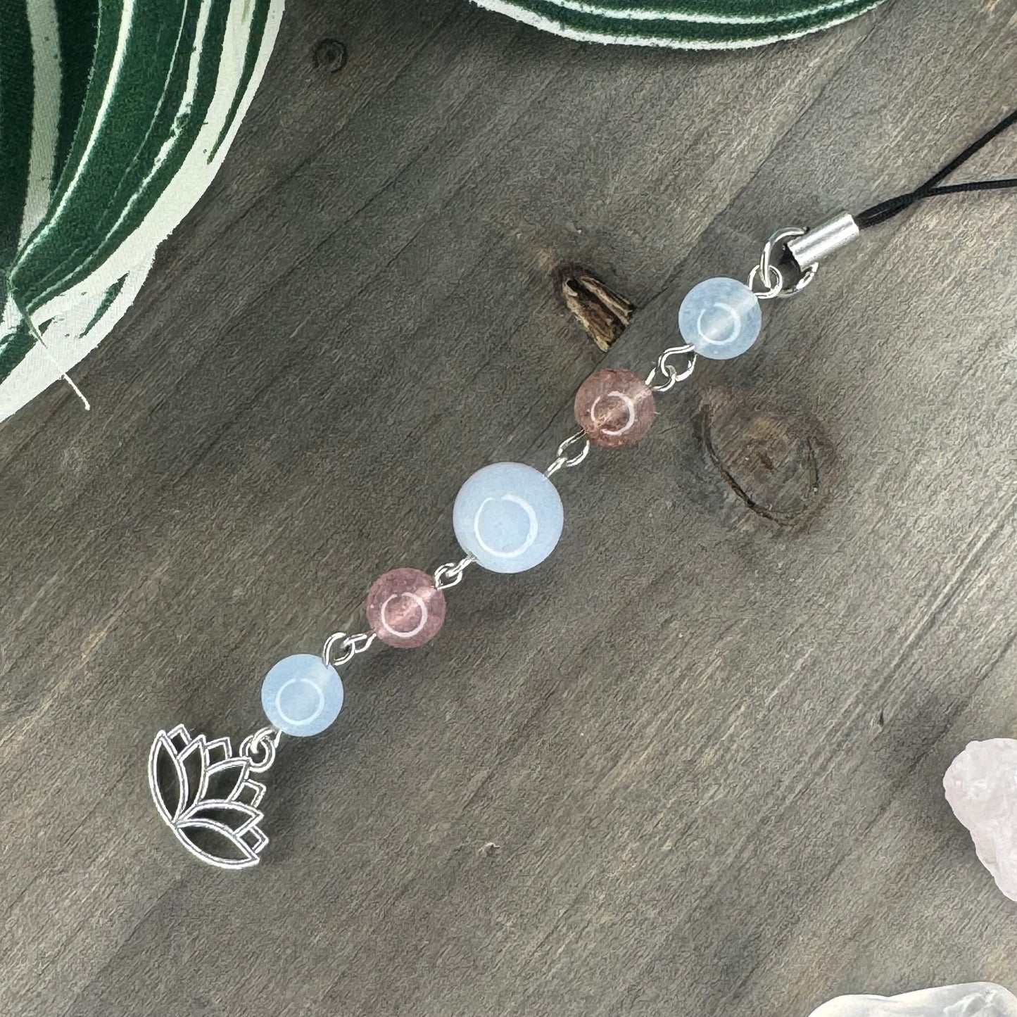 strawberry quartz + chalcedony phone charm