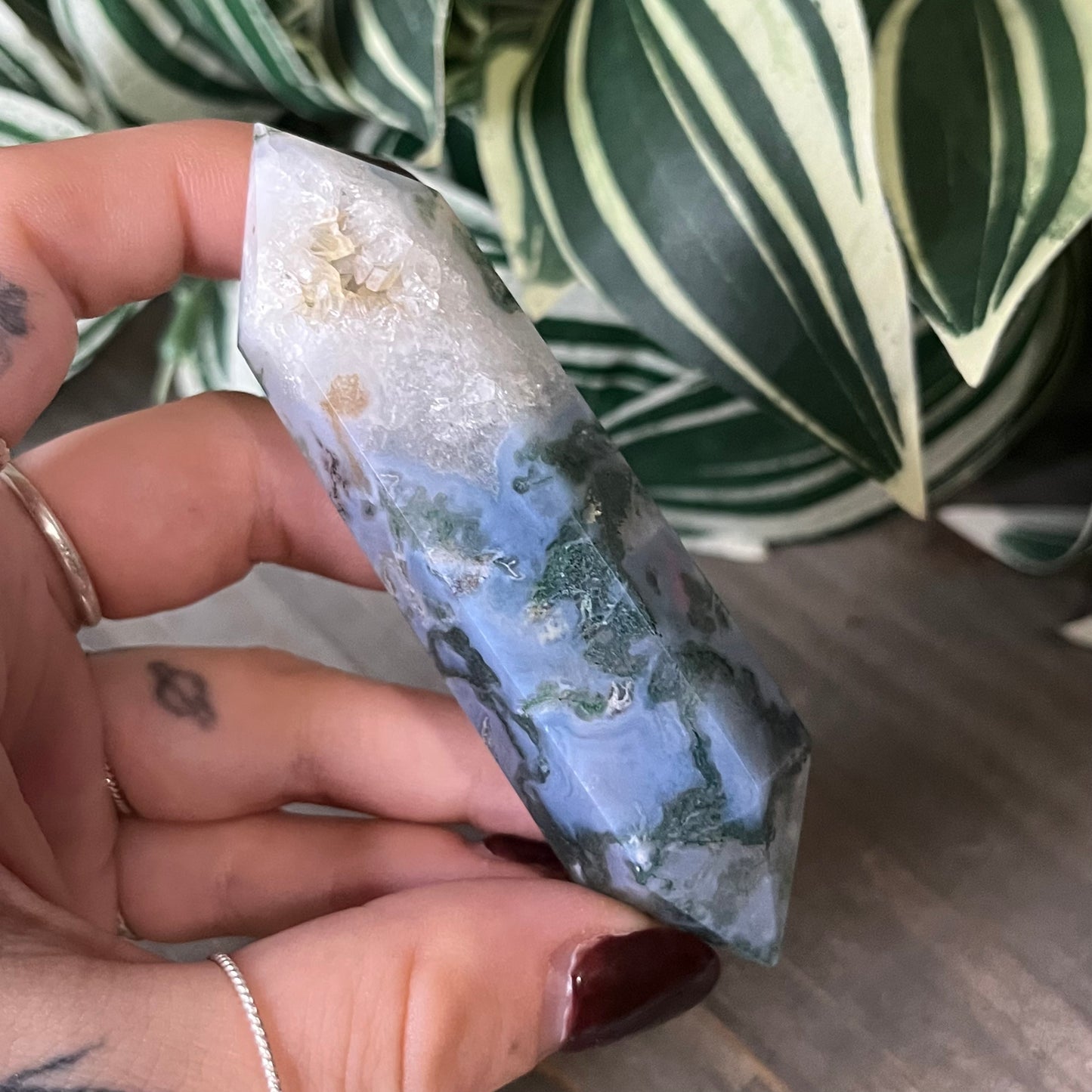 druzy moss agate double point