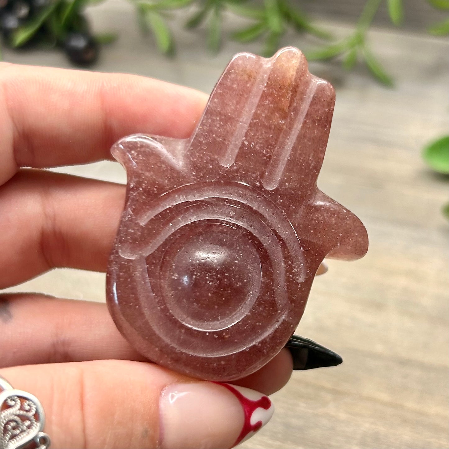 strawberry quartz hamsa hand