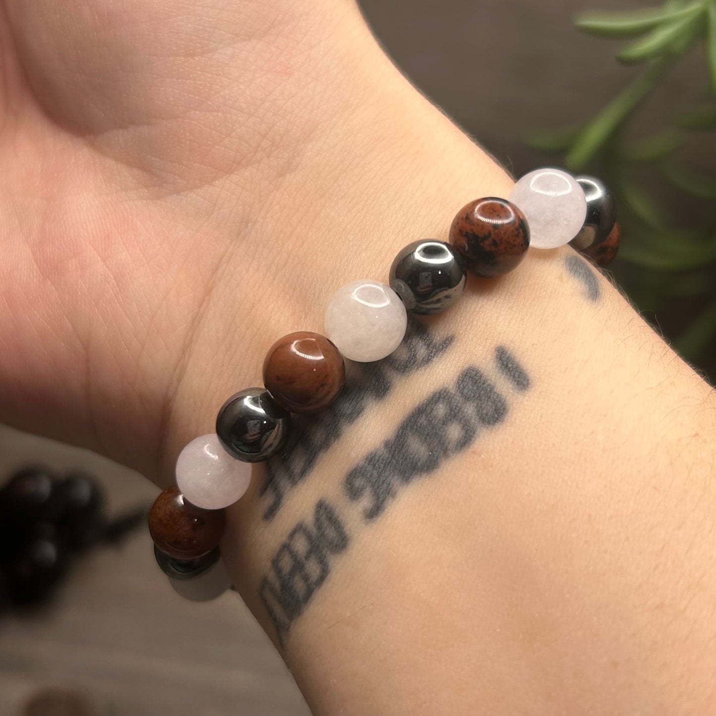 hematite+mahogany obsidian+clear quartz bracelet