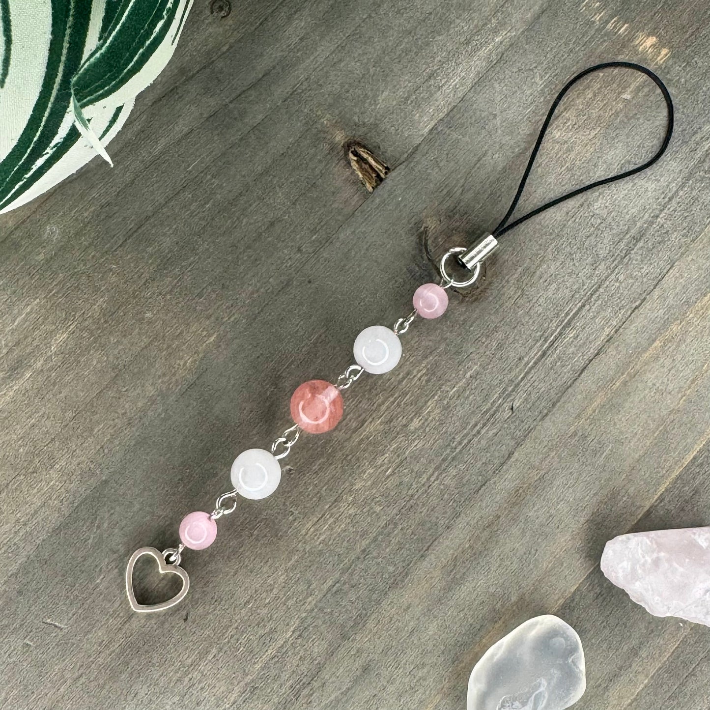 cherry + clear quartz phone charm