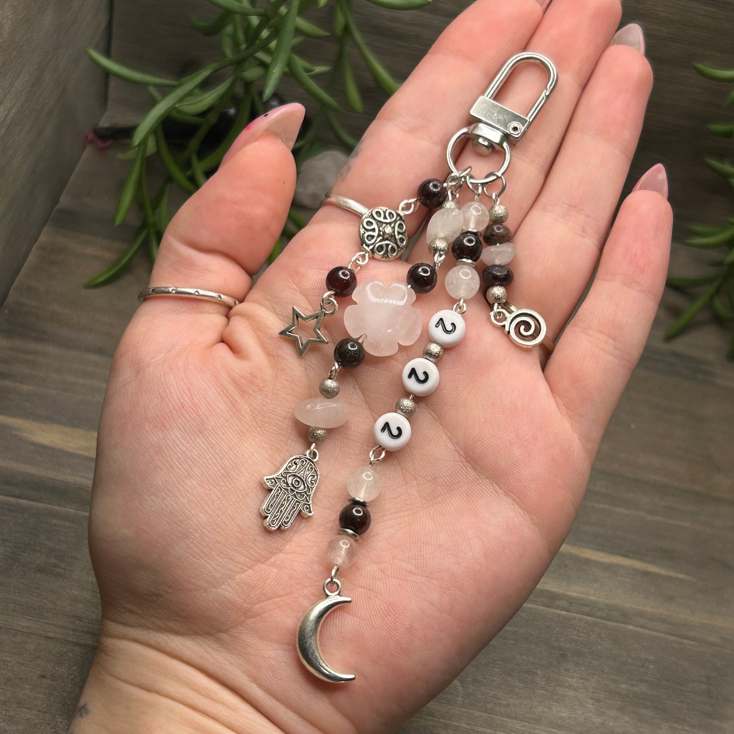 rose quartz & garnet bag charm