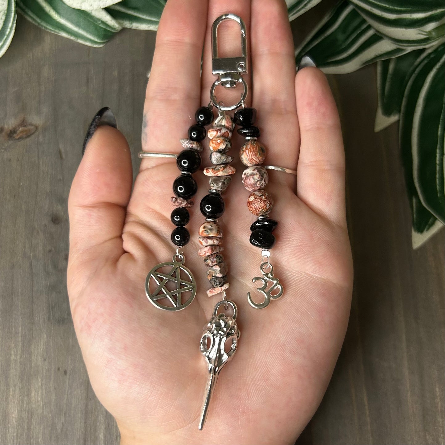 leopard skin jasper + obsidian keychain