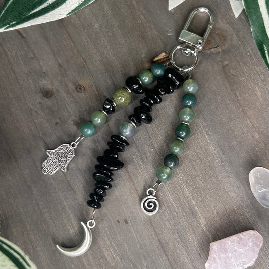 moss agate + obsidian keychain