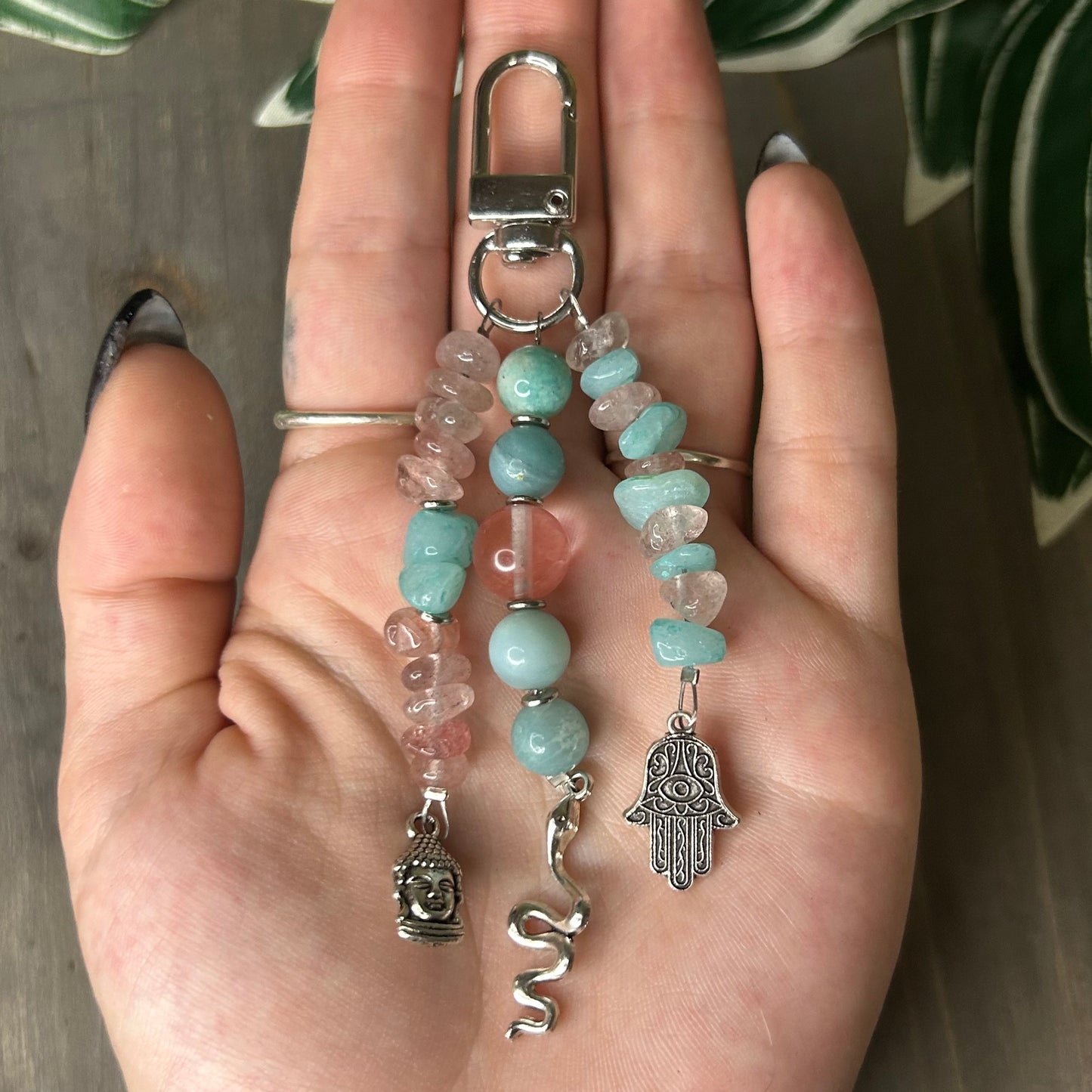 strawberry quartz + caribbean calcite keychain