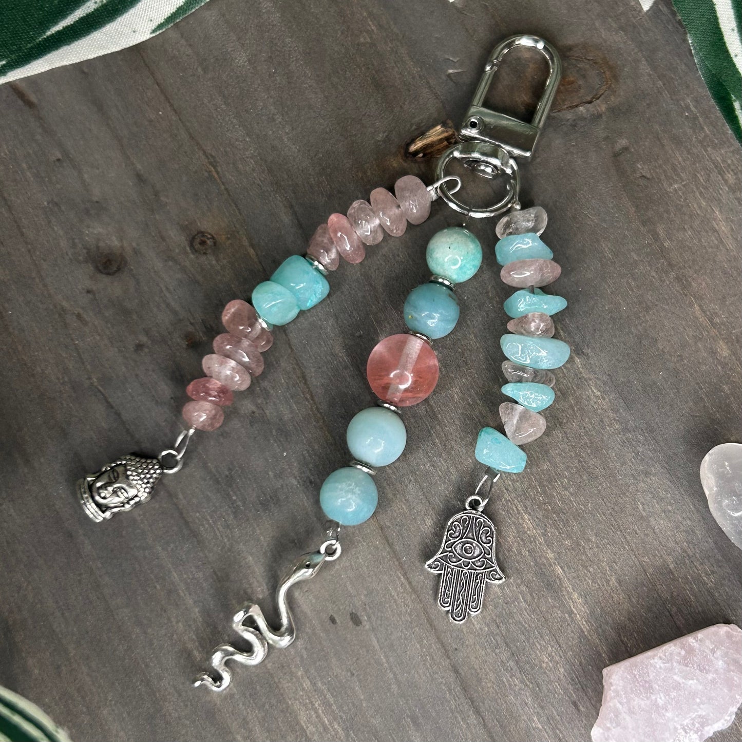 strawberry quartz + caribbean calcite keychain