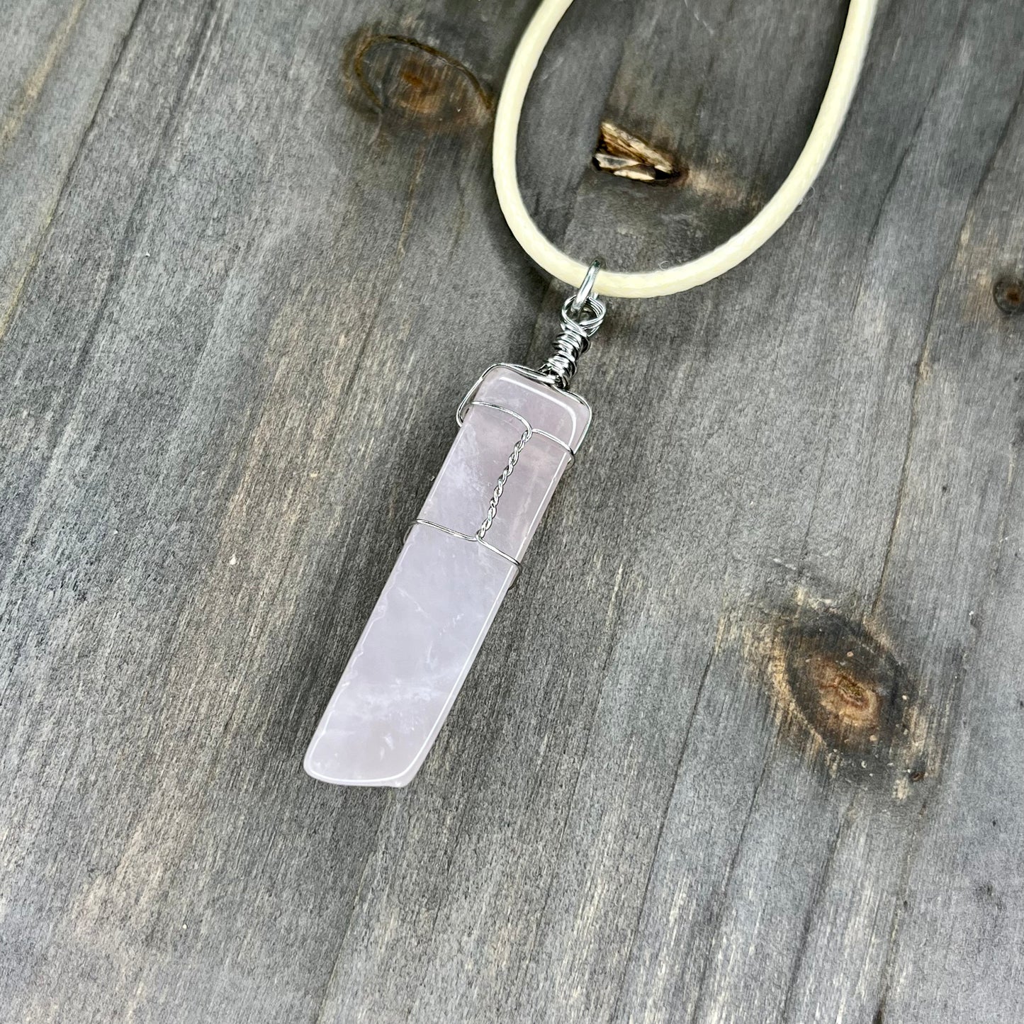 handwrapped rose quartz necklace