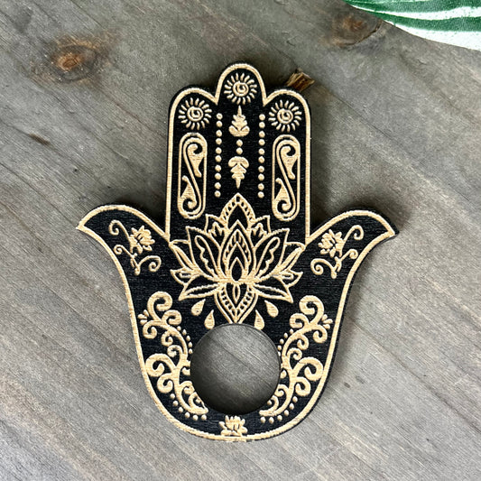 wooden hamsa hand sphere stand