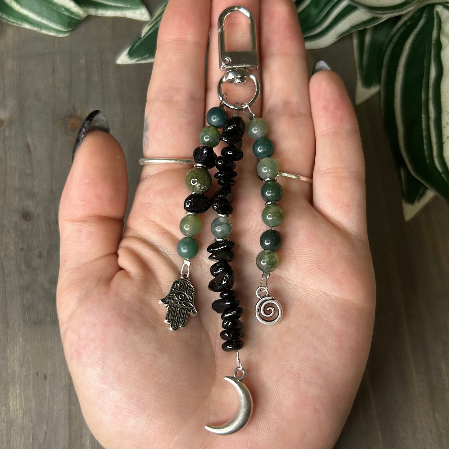 moss agate + obsidian keychain